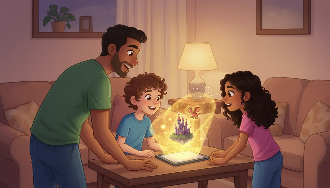 Une famille découvre une histoire personnalisée Miloria qui prend vie au-dessus d'un livre